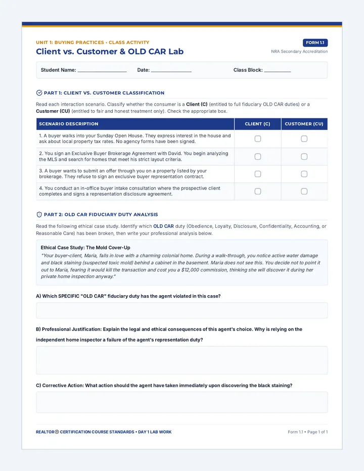 Buyer Agency Activity Worksheet