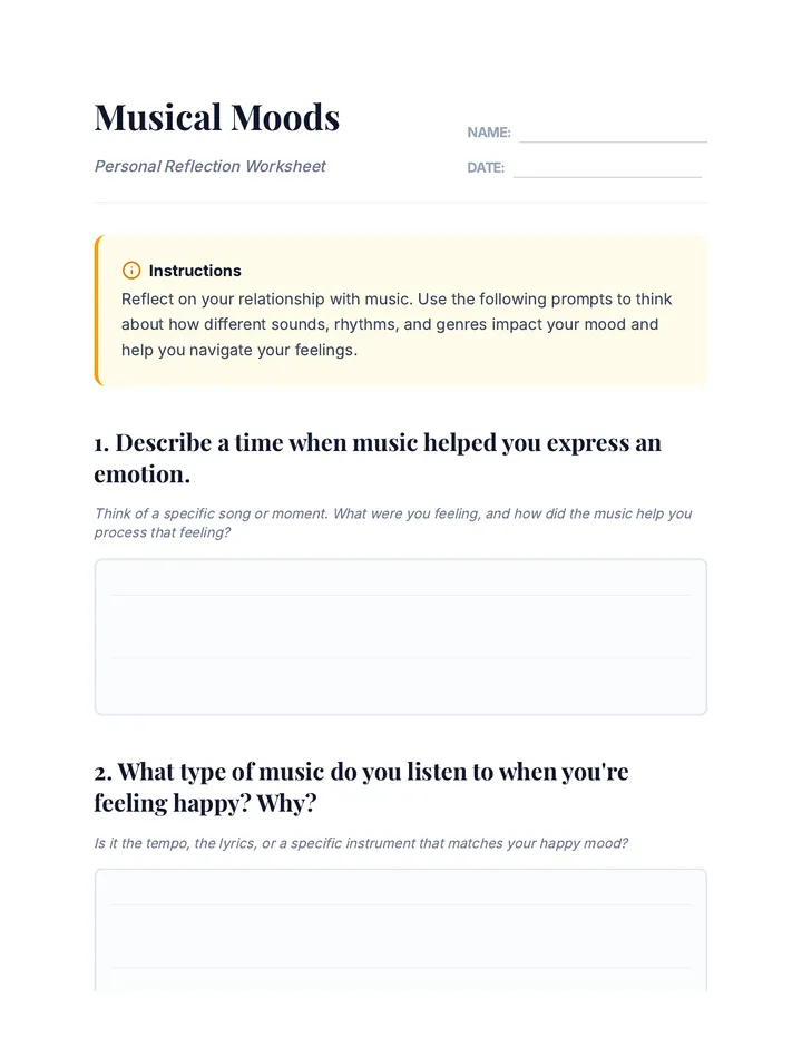Musical Moods Reflection Worksheet
