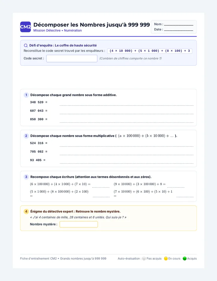 Décomposer Nombres Fiche CM2