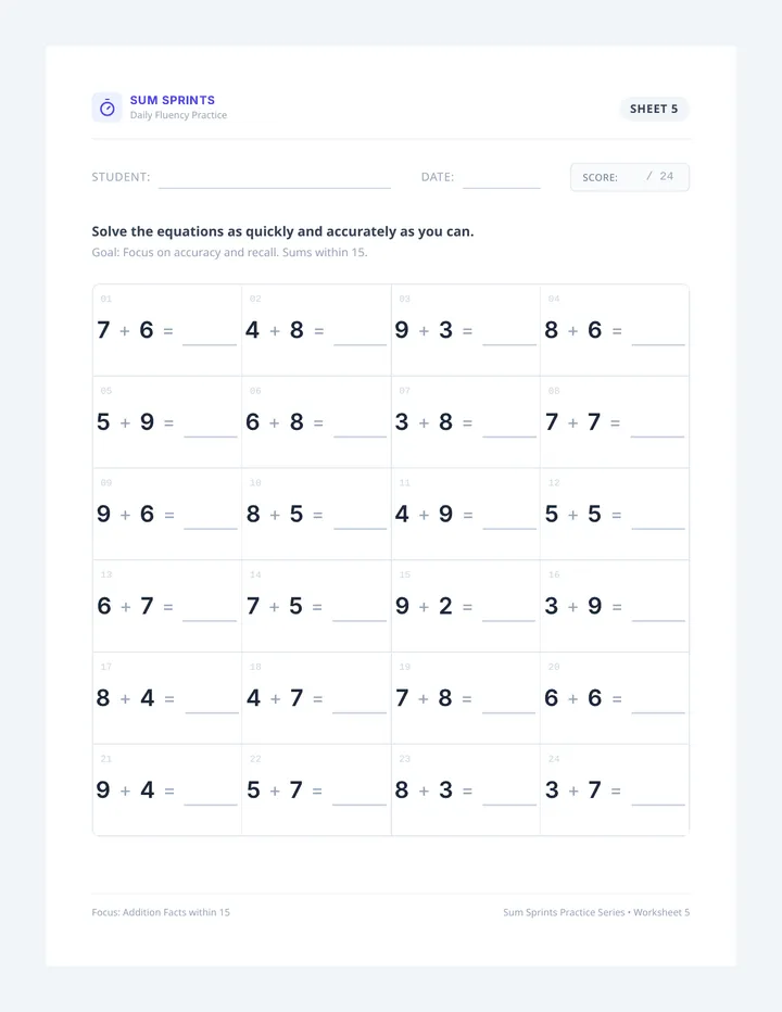 Sum Sprint Worksheet Five