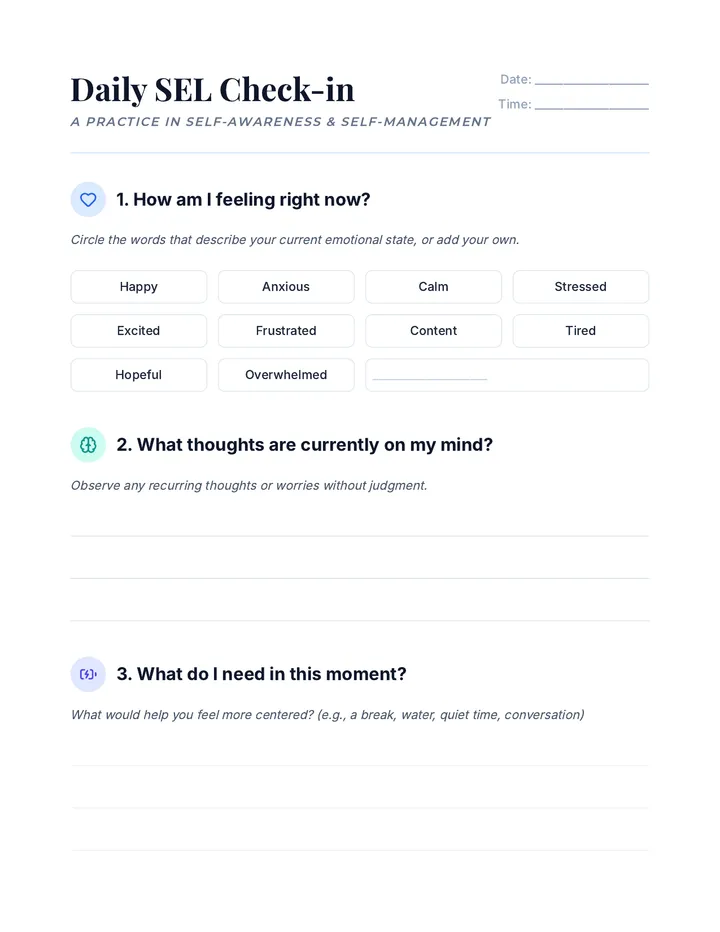 Daily SEL Check-in Worksheet