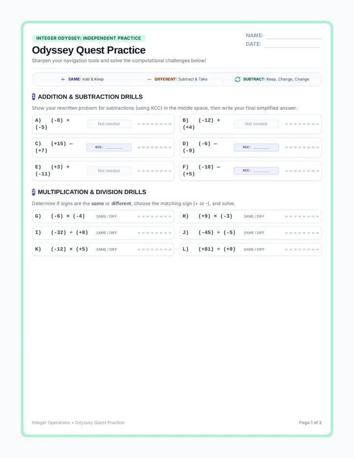 Odyssey Quest Practice Worksheet