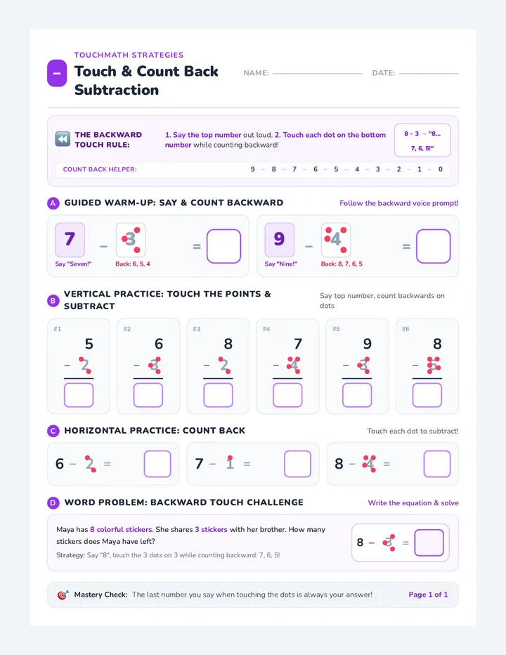 Touch Back Subtraction Worksheet
