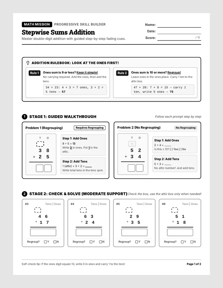 Stepwise Sums Addition Worksheet