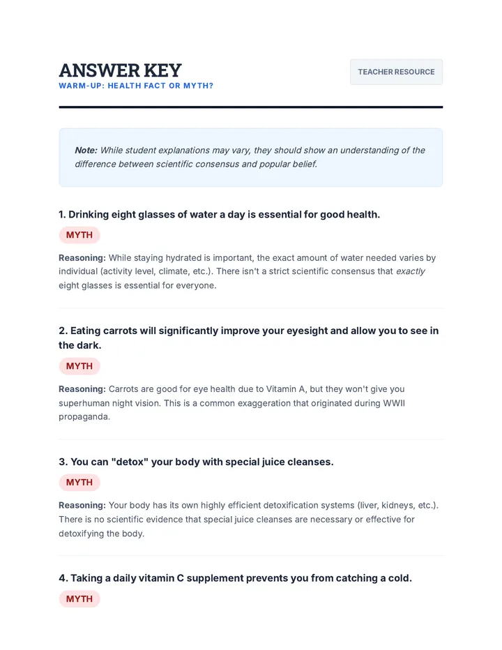 Answer Key Warm Up Fact or Myth