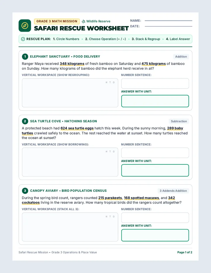 Safari Rescue Worksheet