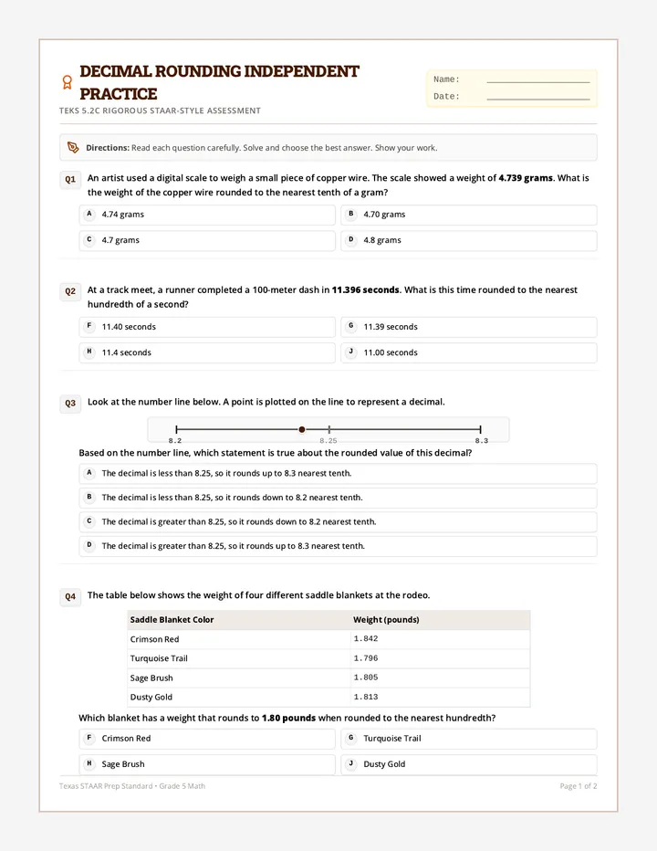 Decimal Rounding Independent Practice