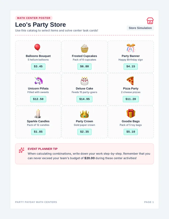 Party Payday Math Centers