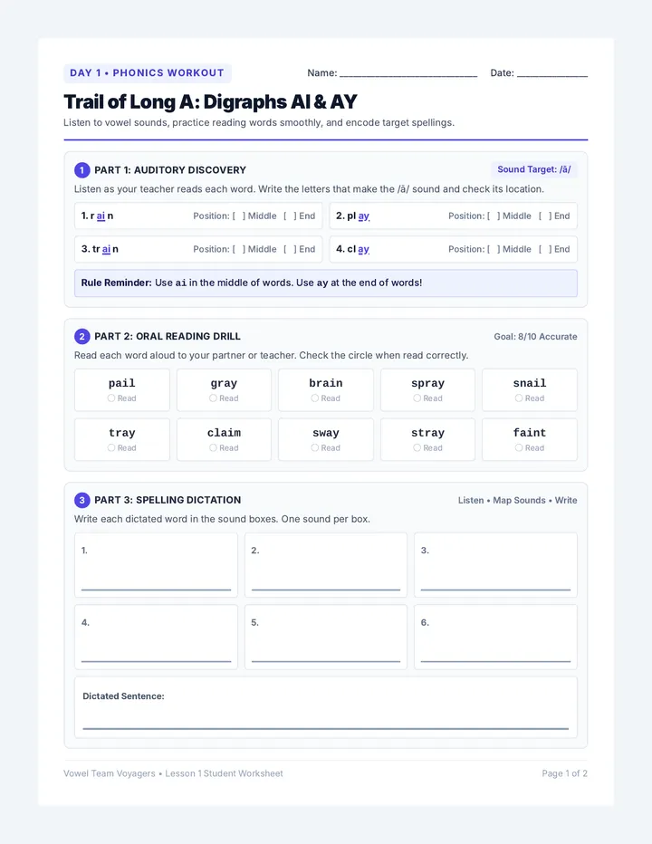Trail Long A Student Worksheet