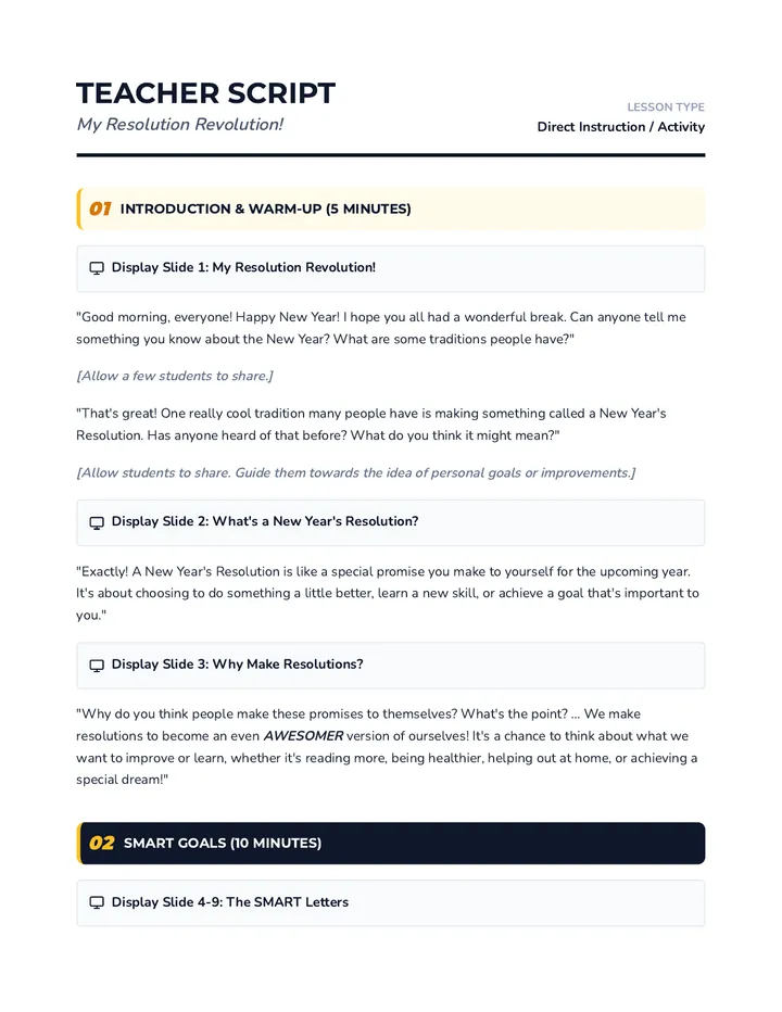 Resolution Revolution Teacher Script