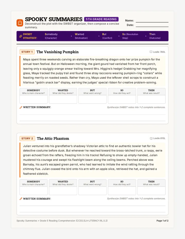 Spooky Summaries Worksheet