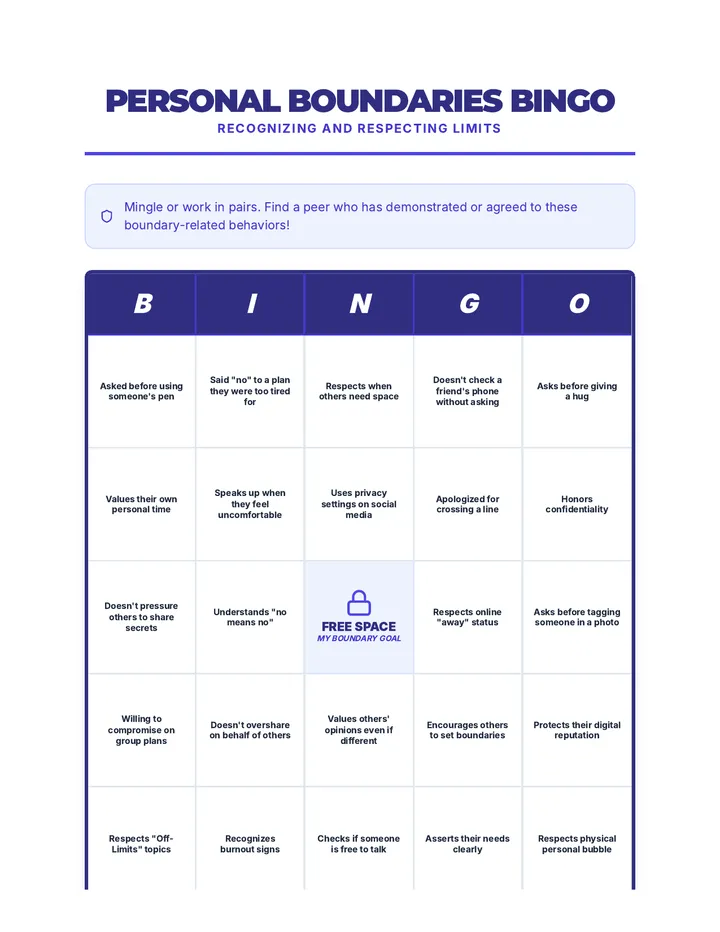 Personal Boundaries Bingo Game