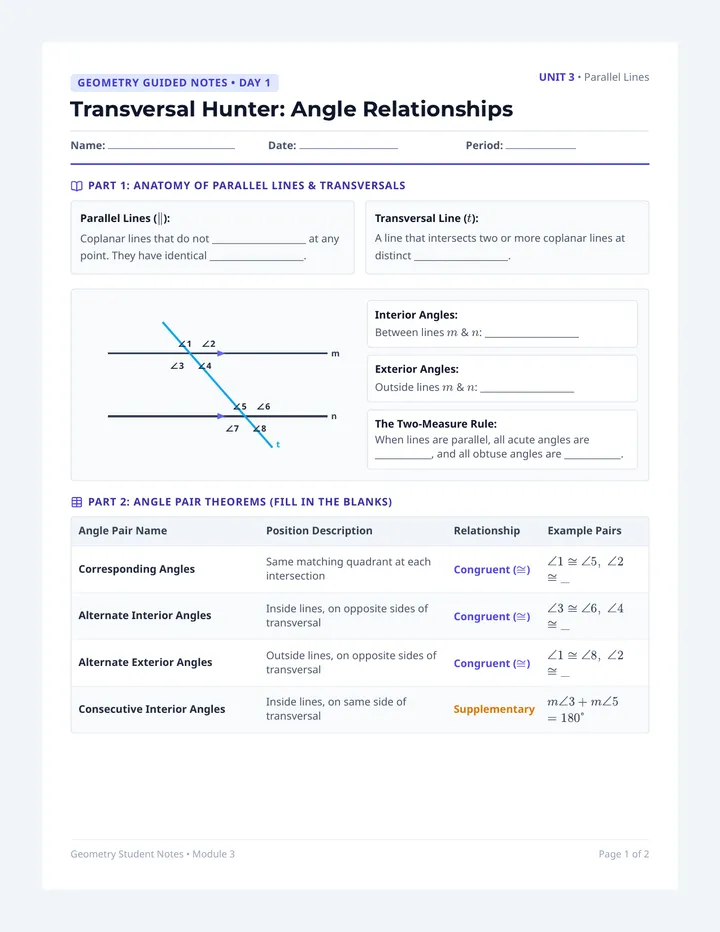 Transversal Hunter Guided Notes