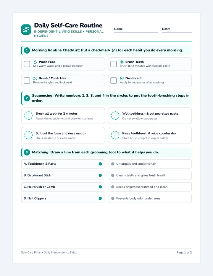 Daily Self Care Worksheet