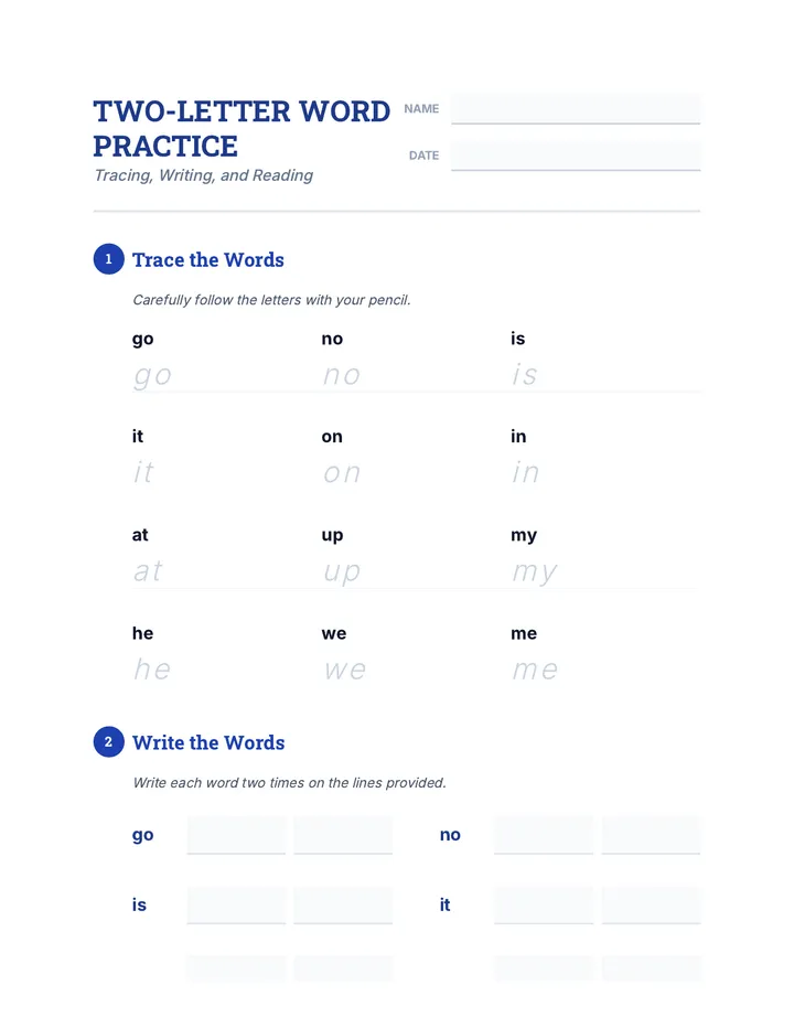Two-Letter Word Practice Worksheet
