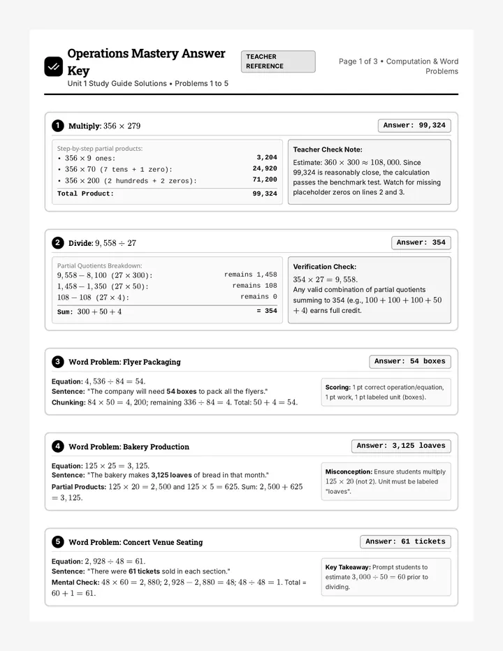 Operations Mastery Answer Key