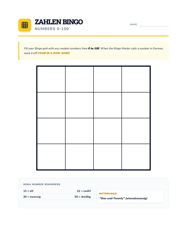 Zahlen Ninjas Bingo Board