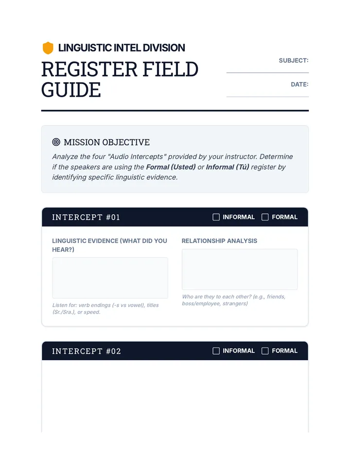Register Field Guide Worksheet