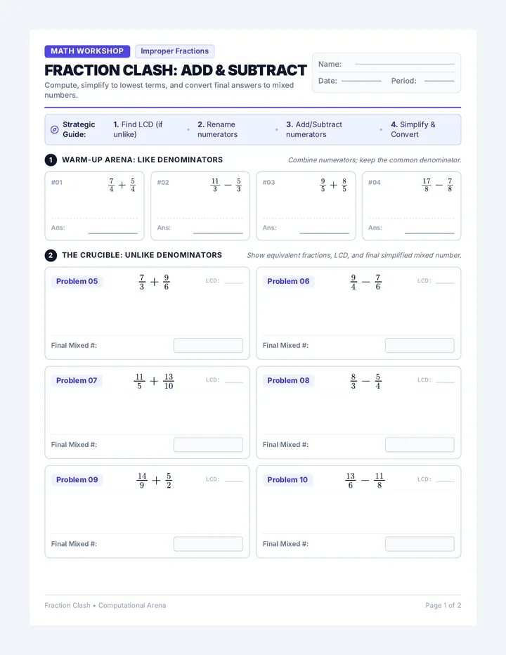 Fraction Clash Worksheet