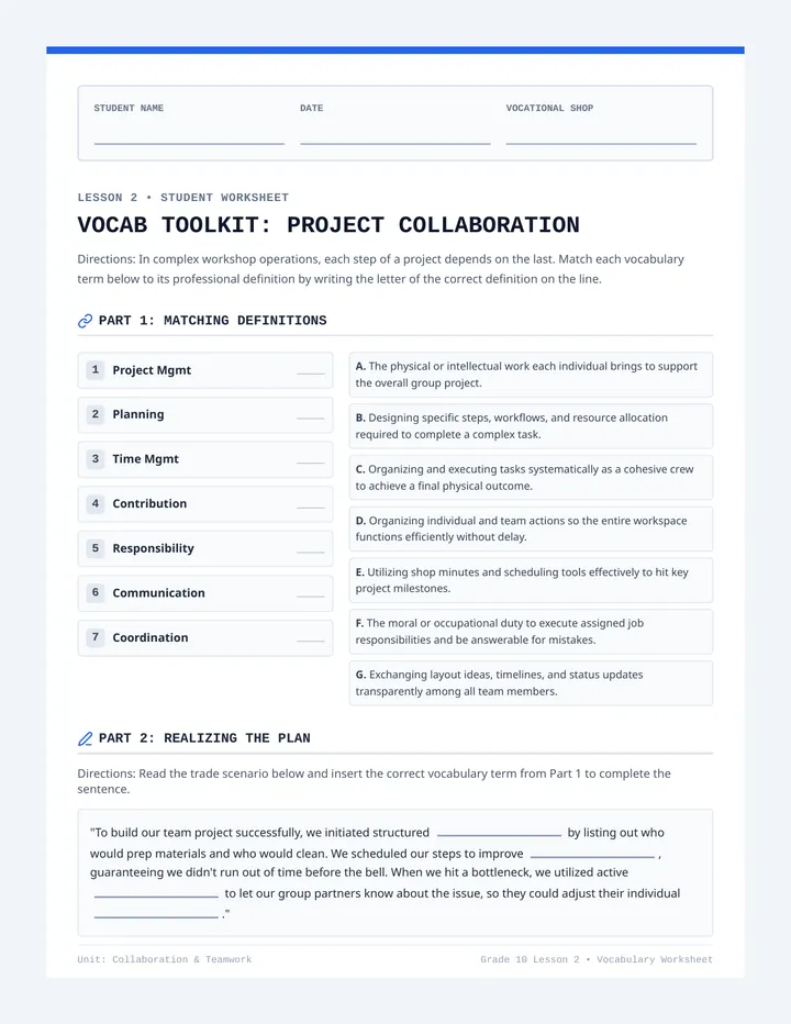 Collaborating on Projects Vocabulary Worksheet