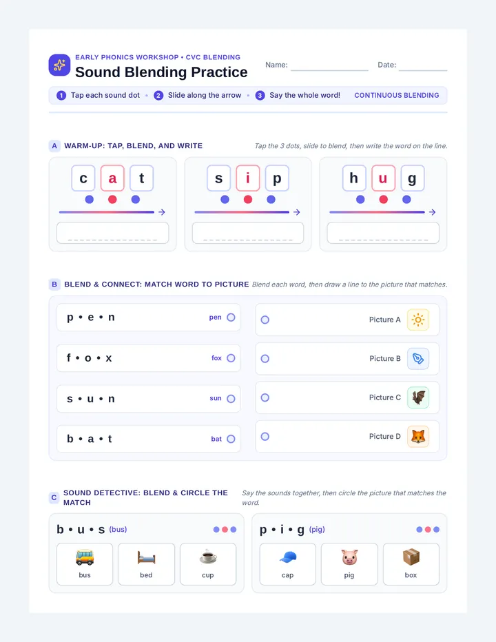 Sound Blending Practice Worksheet