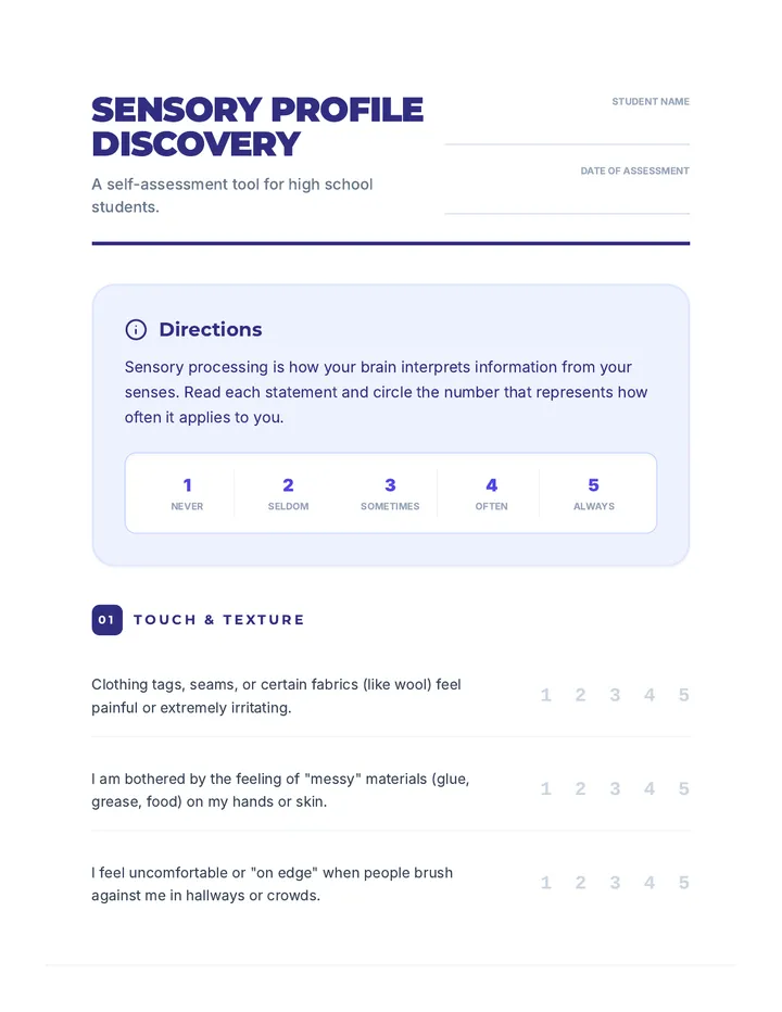 Sensory Profile Discovery Worksheet Plus Score Key
