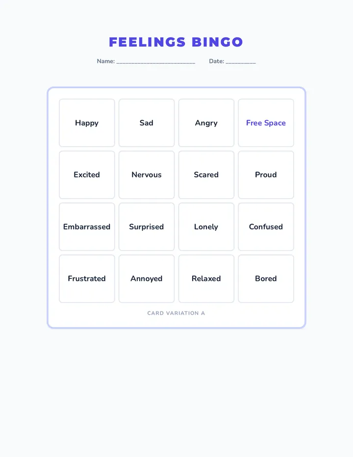 Feelings Bingo Cards Worksheet