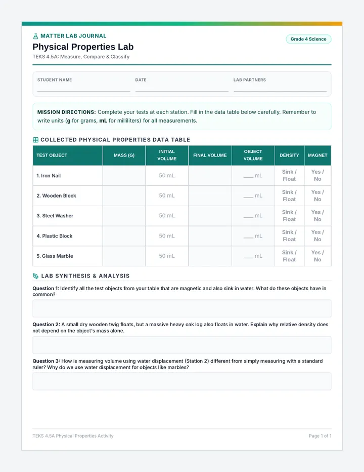 Matter Lab Worksheet