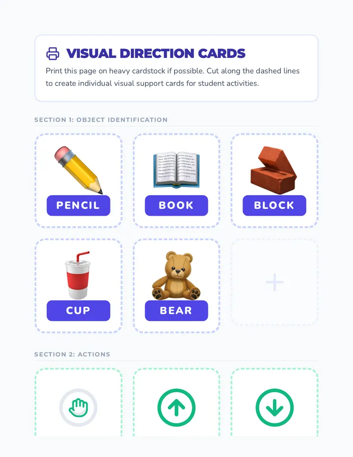 Visual Direction Cards Activity Sheet