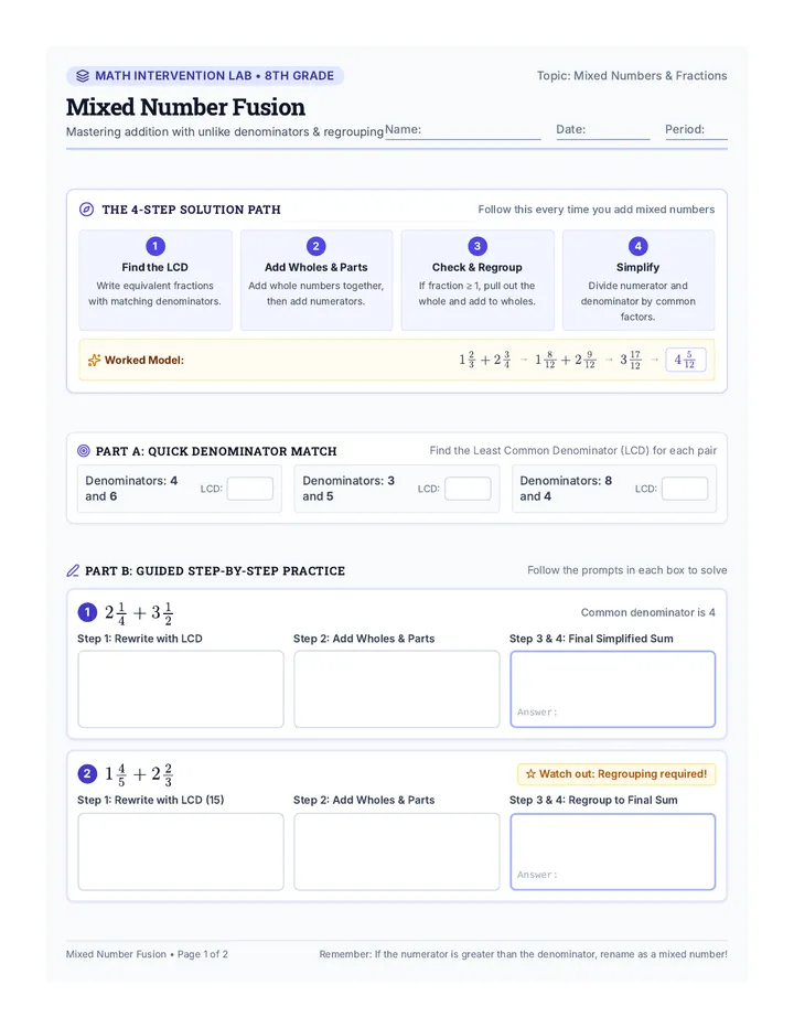 Mixed Number Fusion Worksheet