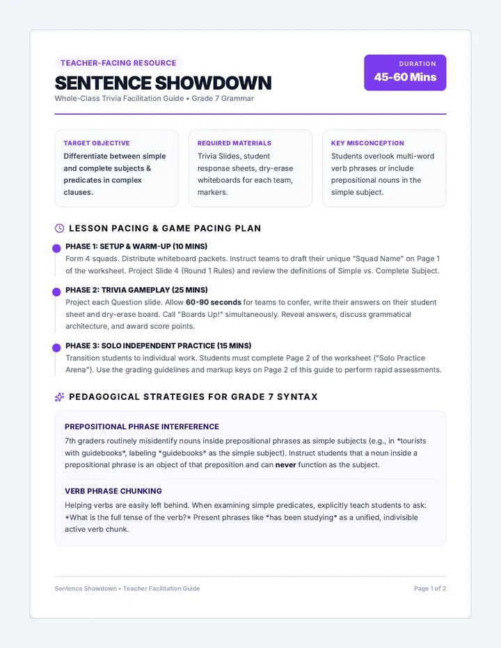 Sentence Showdown Teacher Guide