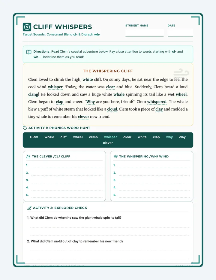 Cliff Whispers Worksheet