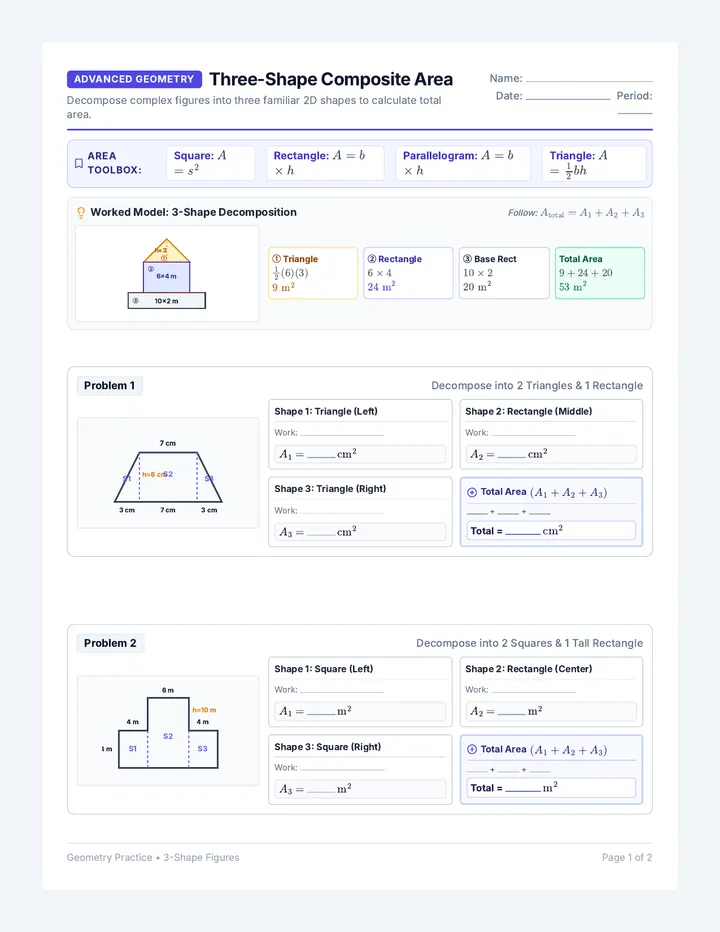Three Shape Area Worksheet