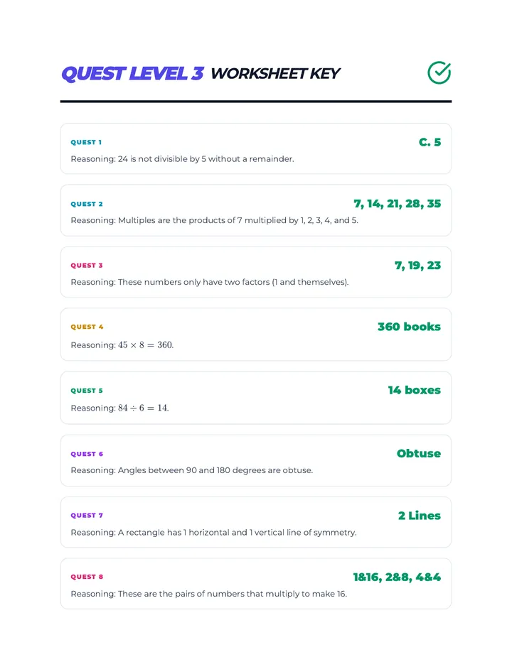 Math Quest Level 3 Worksheet Key