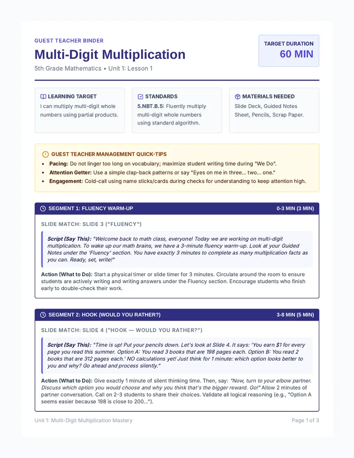 Multi-Digit Multiplication Sub Plan