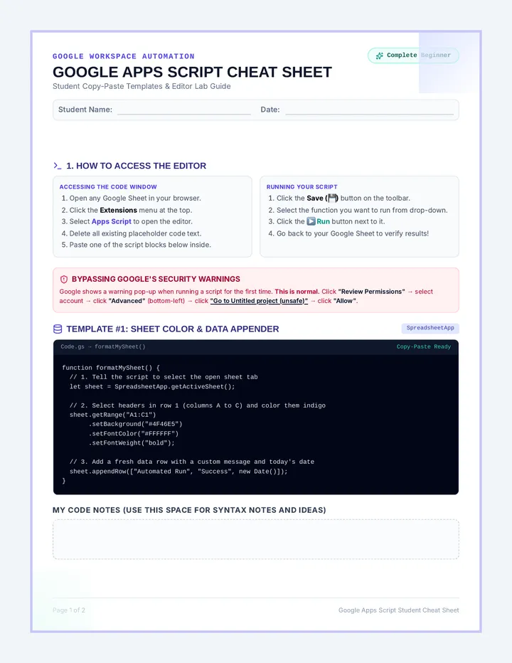 Google Apps Script Cheat Sheet