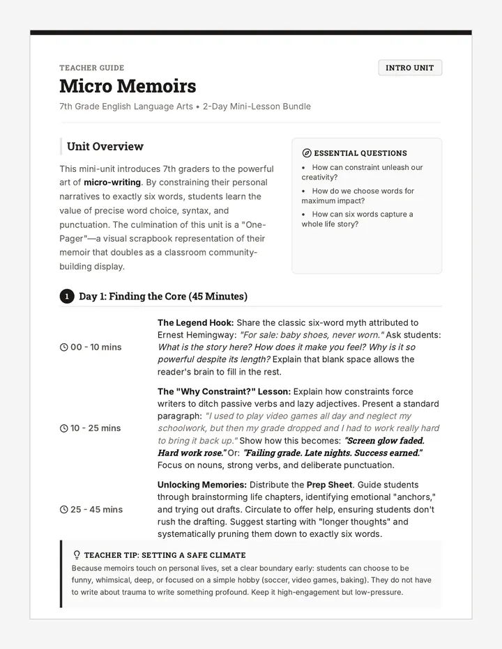 Micro Memoirs Teacher Guide