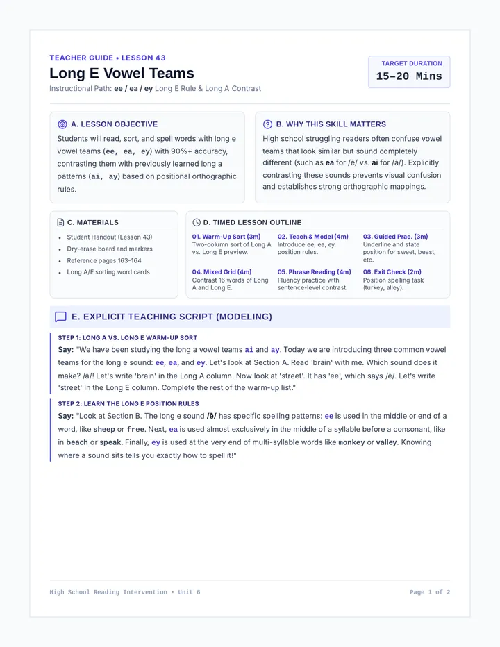 Vowel Team Introduction E Teacher Guide