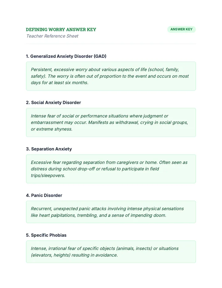 Defining Worry Answer Key