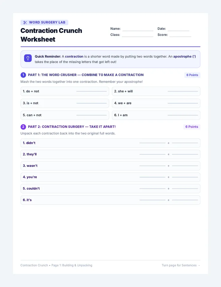 Contraction Crunch Worksheet
