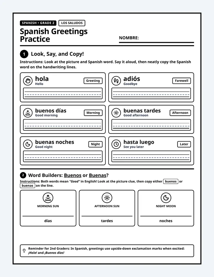 Spanish Greetings Practice Worksheet