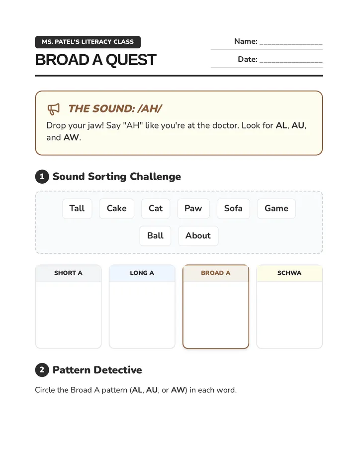 Broad A Quest Worksheet Updated