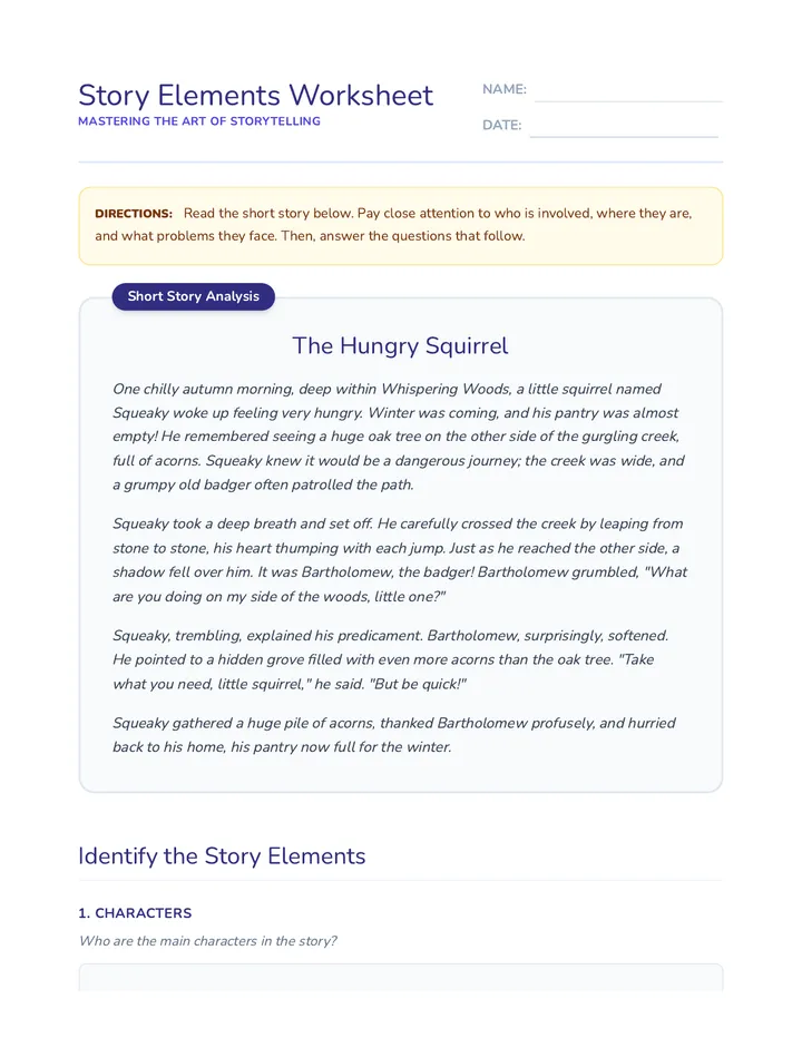 Story Elements Worksheet