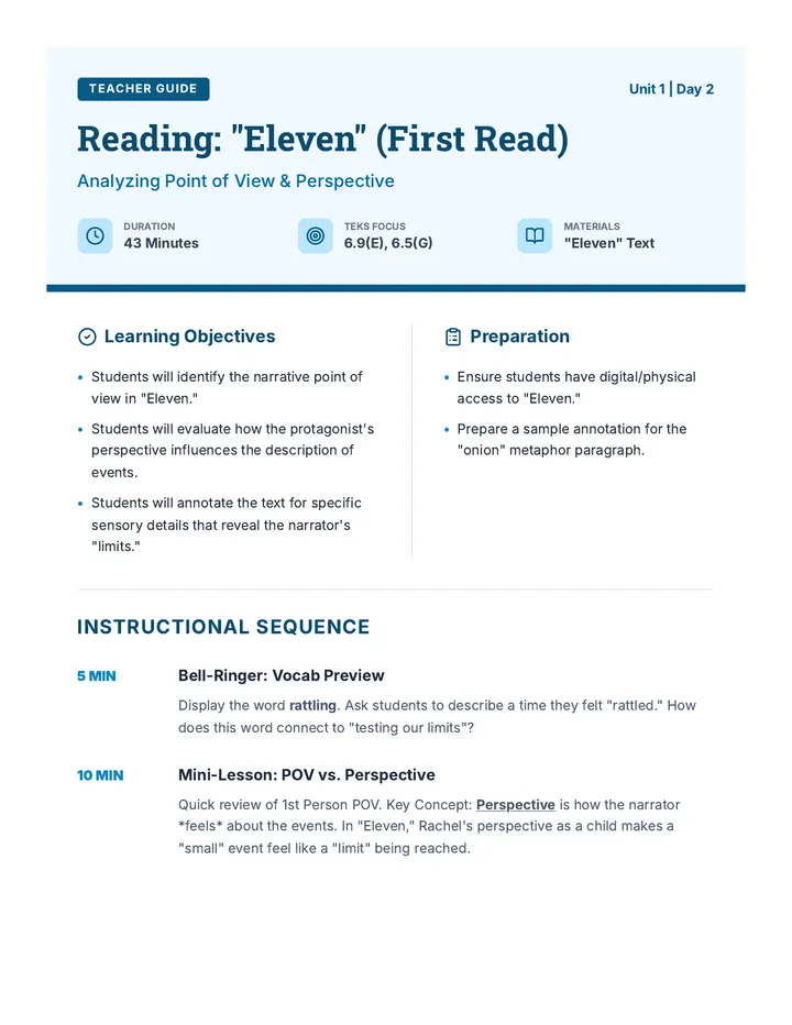 Reading Day 2 Teacher Guide