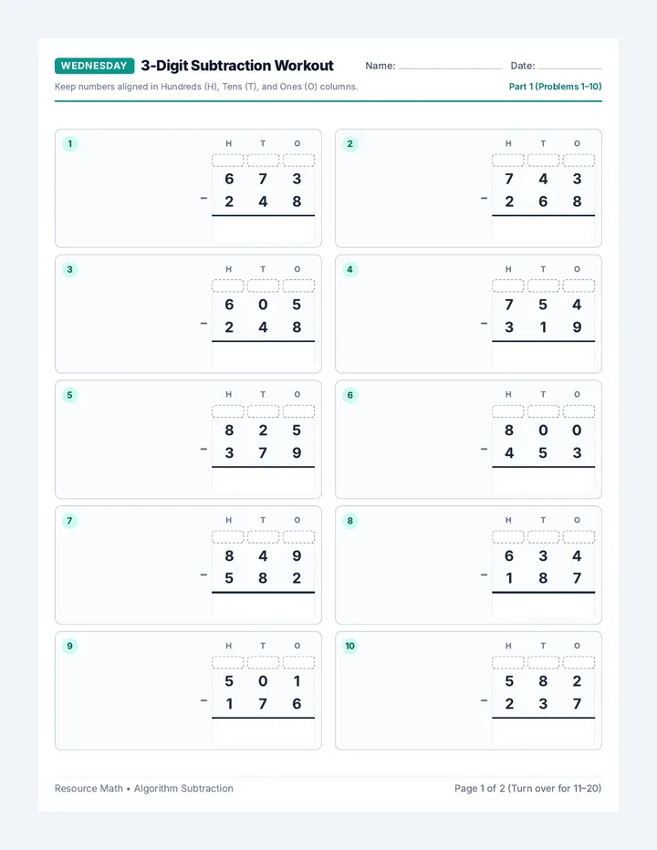 Wednesday Subtraction Worksheet