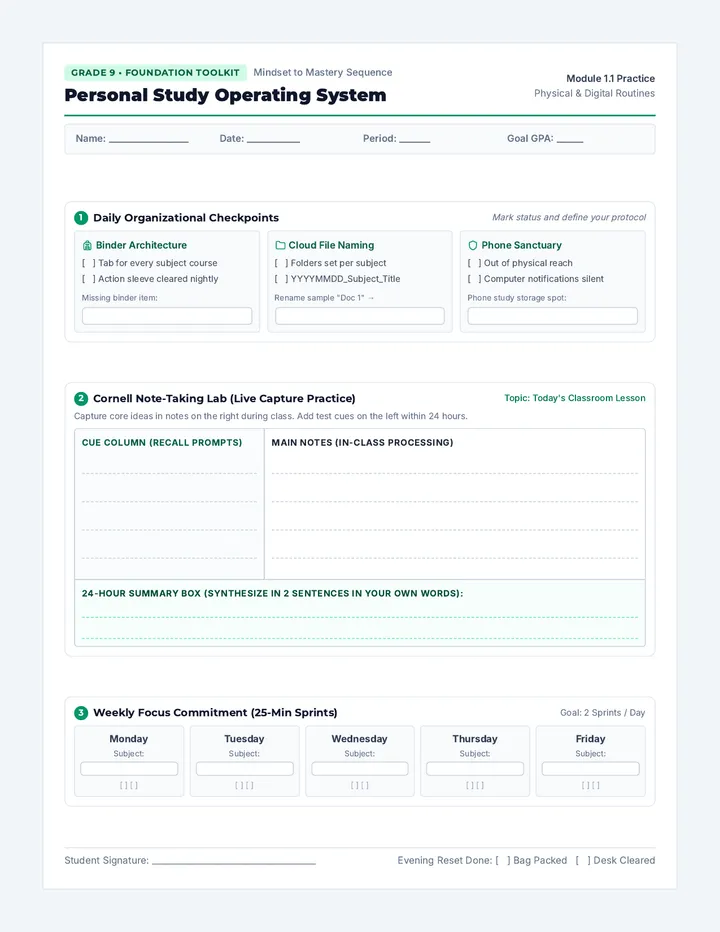 Freshman Habit Builder Worksheet