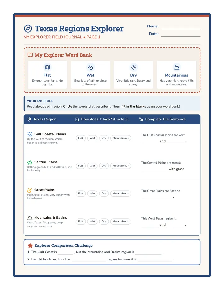 Texas Regions Explorer Worksheet