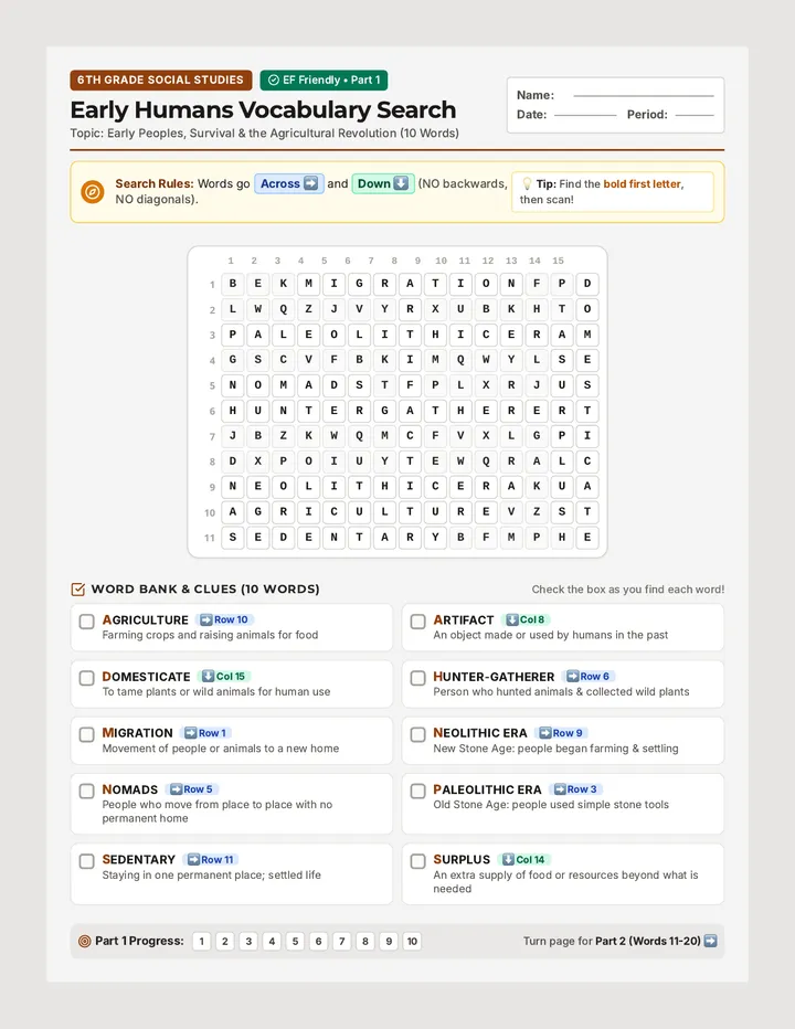 Early Humans Word Search Worksheet