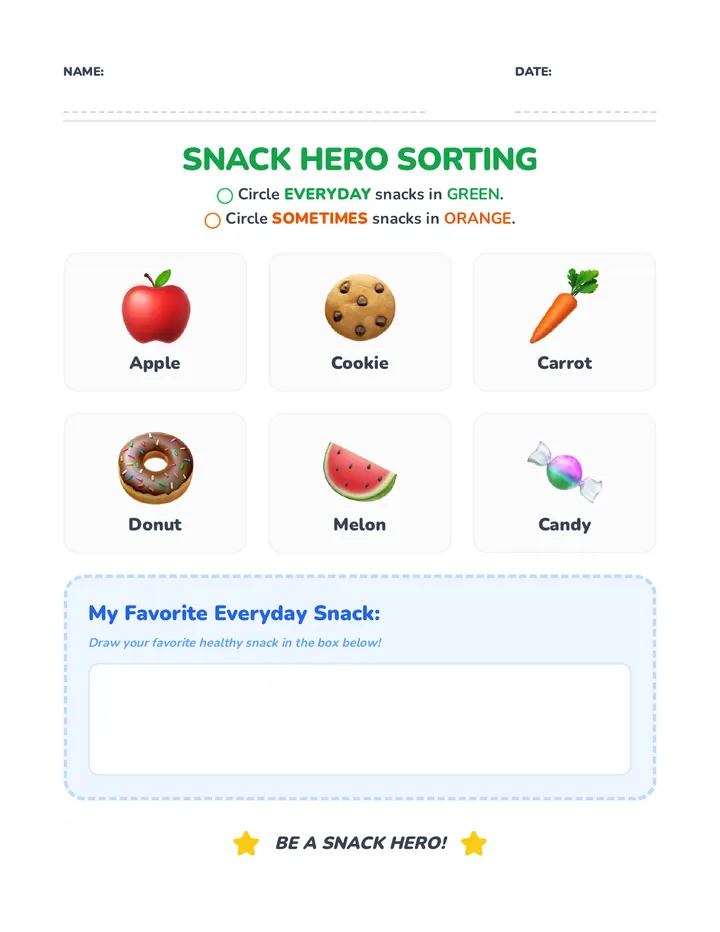 Snack Hero Sorting Worksheet