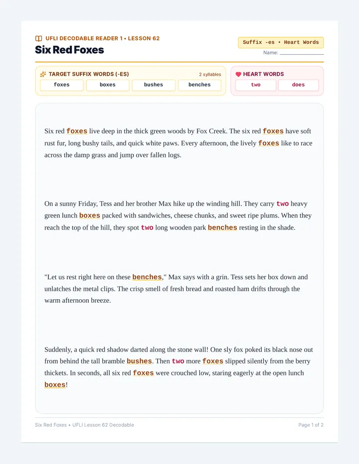 Six Red Foxes Decodable Reader